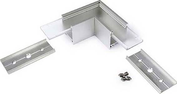 Metallische Gehäuseecke mit zwei Schienelementen und Schrauben, geeignet für mechanische Montagen oder Konstruktionen.