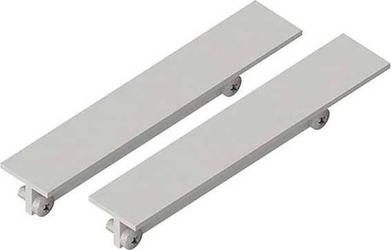 Zwei graue, rechteckige Bauteile mit Rollen an der Unterseite, liegend auf einem weißen Hintergrund.