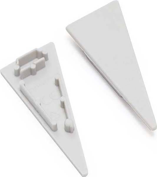 Zwei graue, dreieckige Kunststoffteile, die flach liegen. Eins zeigt die Vorderseite, das andere die Rückseite mit Halterungen.