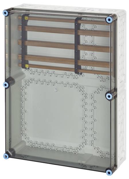 Grau-transparente Schutzbox mit blauen Schrauben an den Ecken, Innenstruktur mit braunen Streifen sichtbar, vermutlich für elektrische Installationen.