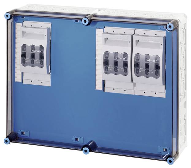 Ein blaues Gehäuse mit transparentem Deckel enthält drei weiße elektrische Schaltelemente mit der Aufschrift 'Wöhner'.
