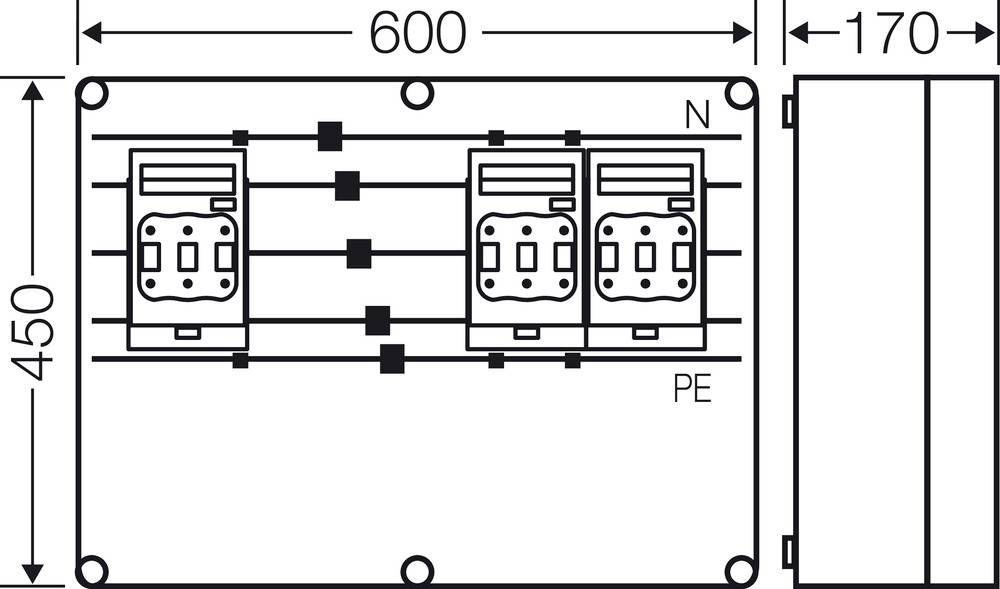 Technische Zeichnung zeigt eine Schaltanlage mit Maßen: 600 mm Breite, 450 mm Höhe, 170 mm Tiefe. Zwei Steckdosen vorhanden.