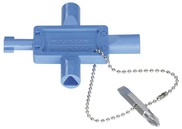 Blauer Mehrzweckschlüssel aus Kunststoff mit Kette und Metallaufsatz, verwendet zur Bedienung verschiedener Arten von Ventilen und Schraubverschlüssen.