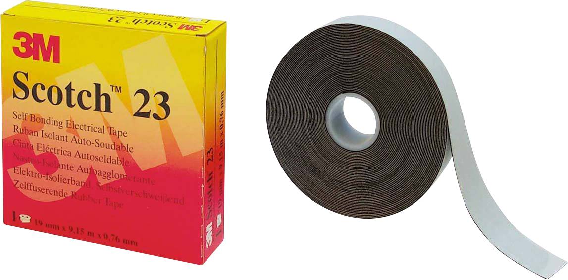 Box mit '3M Scotch 23' selbstklebendem Elektroband in Schwarz neben der ausgelaufenen Bandrolle.