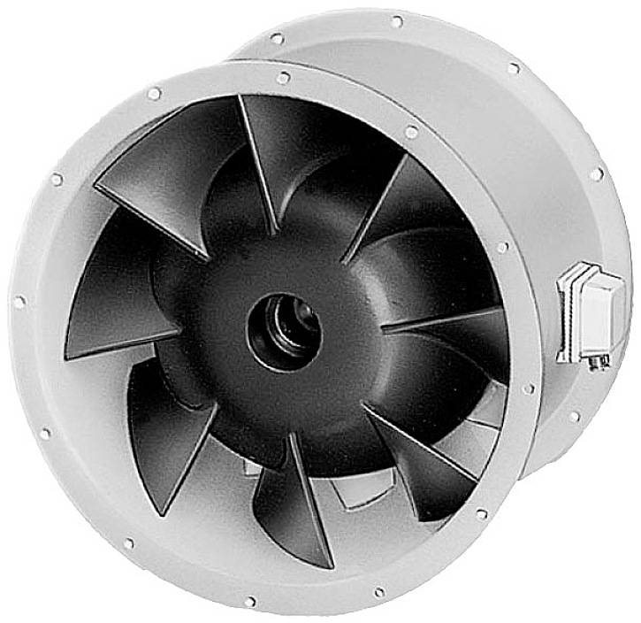 Ein zylindrischer Ventilator in silberner Farbe mit schwarzen Propellerblättern, geeignet für industrielle Luftzirkulationssysteme.