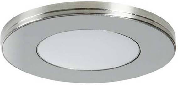 Ein runder, flacher LED-Deckenspot mit silbernem Rahmen und weißem Diffusor, geeignet zur gleichmäßigen Raumbeleuchtung.