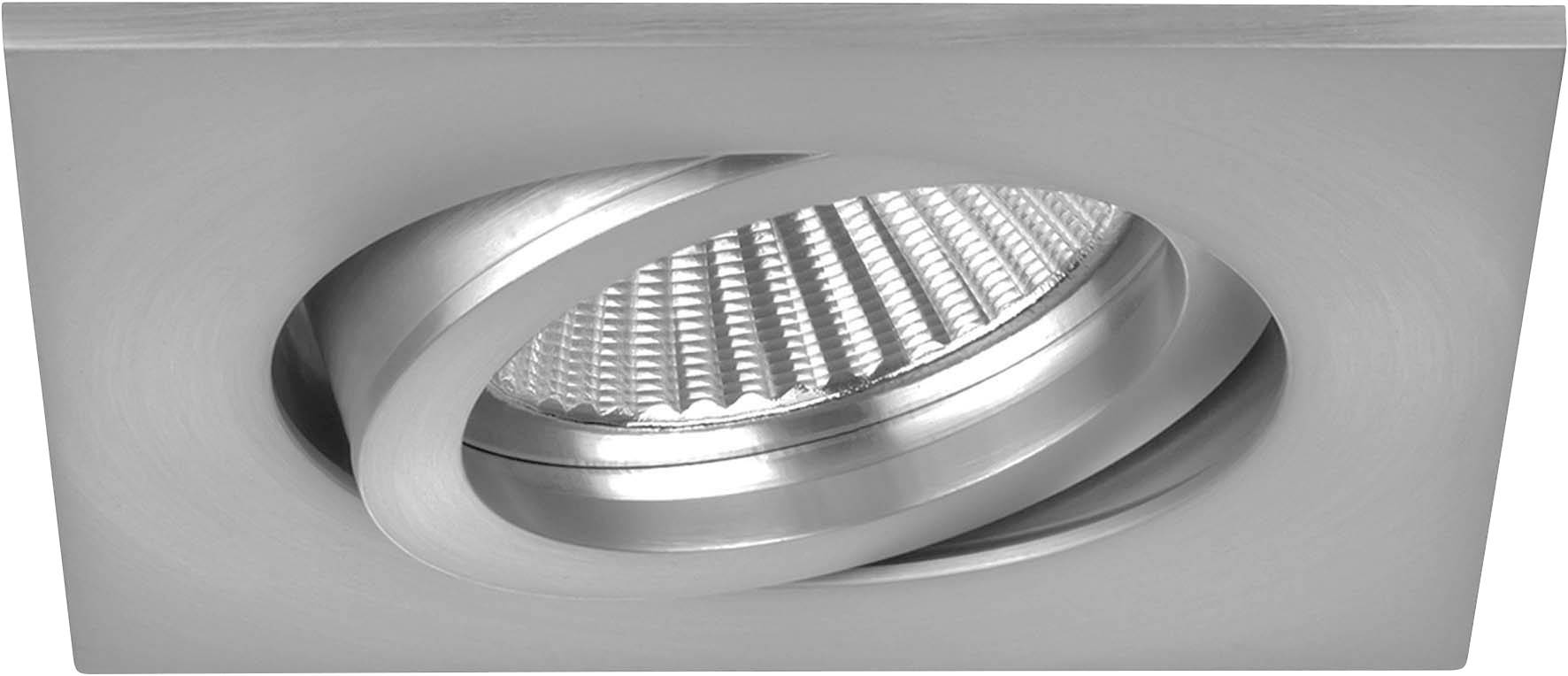 Ein quadratischer, silberner Einbaustrahler mit schwenkbarem LED-Spot. Ideal für moderne Innenbeleuchtung und Akzentsetzung.