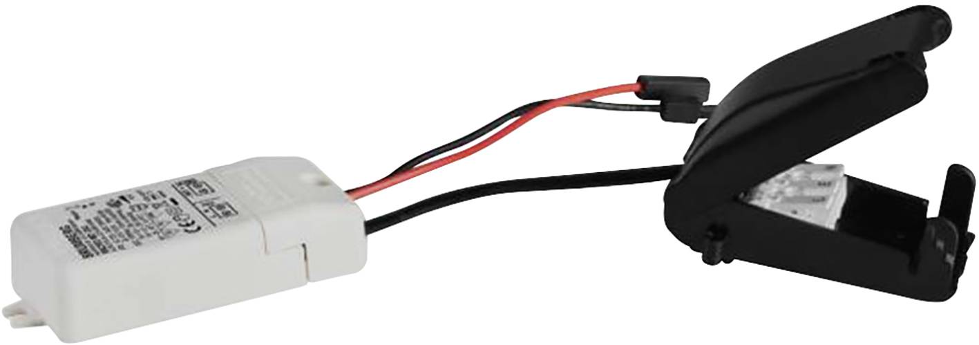 Elektronischer Transformator mit schwarzer Klemme und roten sowie schwarzen Kabeln, dient zur Stromversorgung von Niedervoltgeräten.