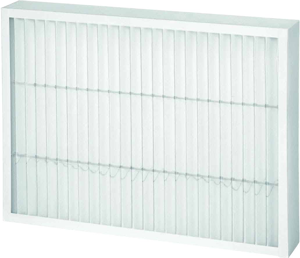 Ein rechteckiger Luftfilter mit weißen, horizontalen Falten in einem weißen Rahmen. Der Filter ist für die Reinigung der Luft bestimmt.