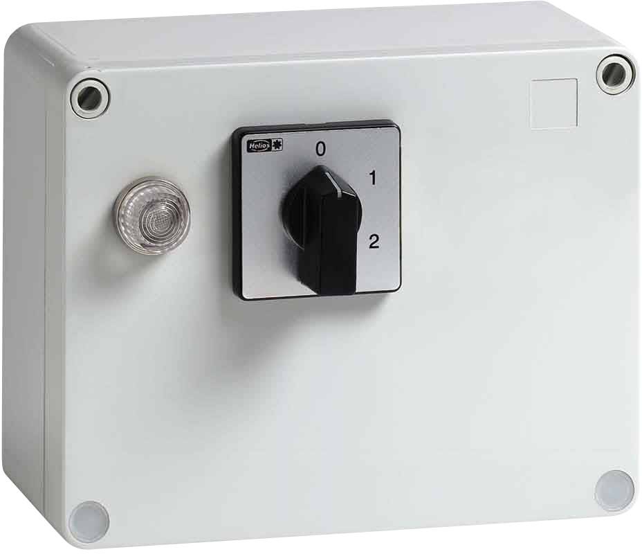 Ein elektrischer Schalterkasten mit einem Drehschalter, der auf die Position '0' eingestellt ist. Links daneben eine kleine Kontrollleuchte.