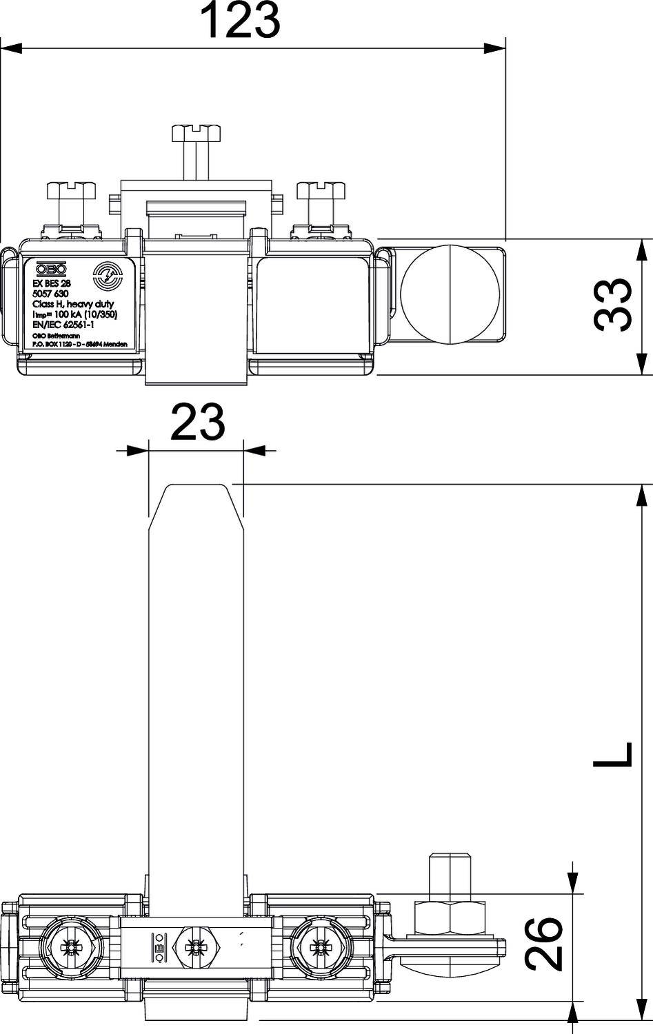 Technische Zeichnung eines mechanischen Teils mit Abmessungen: Breite 123 mm, Höhe 33 mm, Tiefe 23 mm, Länge L mm.