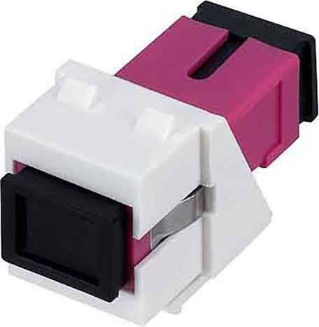 Ein rot-weiß-schwarzer Keystone-Modulverbinder mit rechteckiger Form und Clips, verwendet für Netzwerk- oder Audiokabelinstallationen.