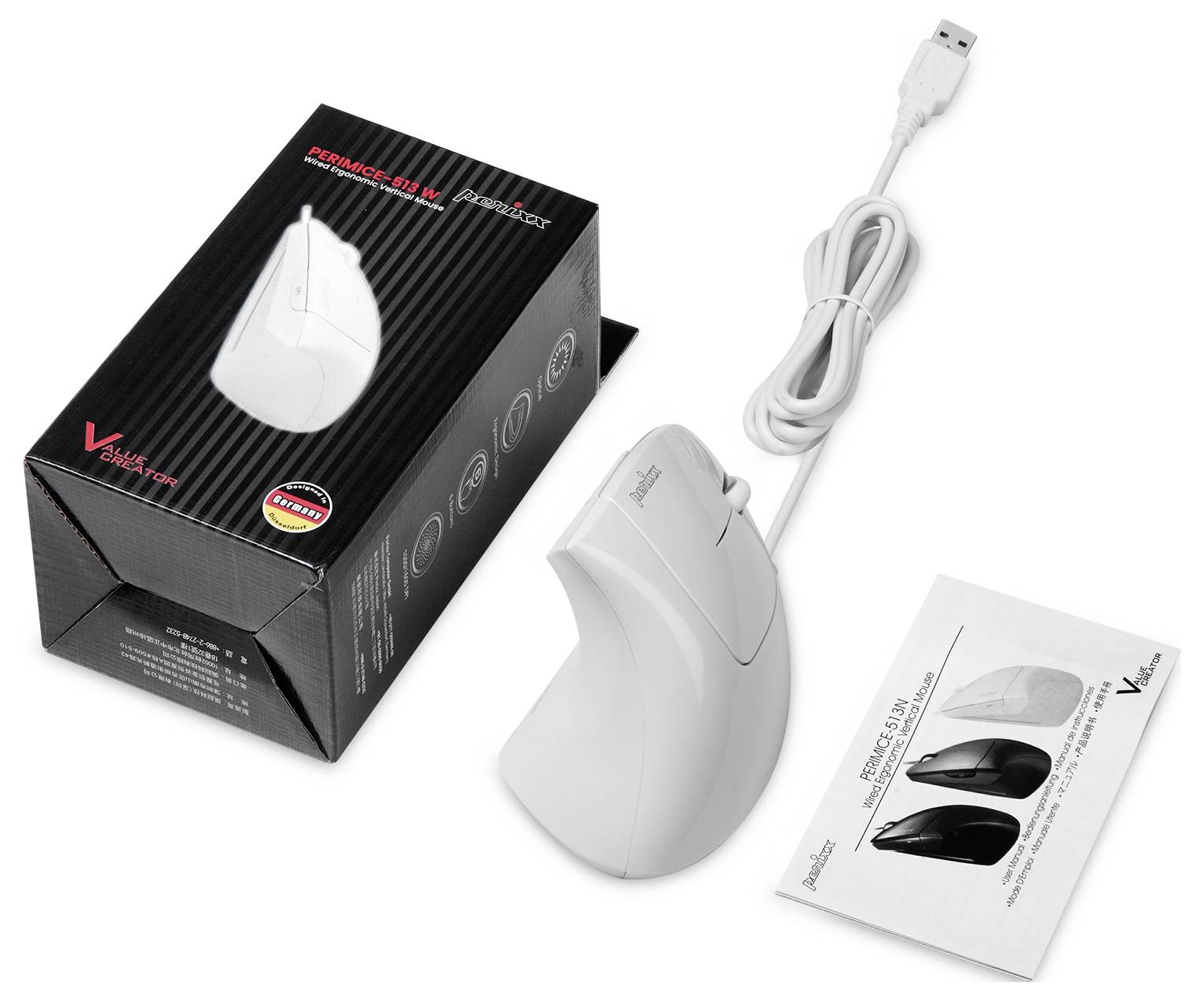 Perixx PERIMICE-513W Ergonomische Maus Kabelgebunden Optisch Weiß 6 Tasten 1600 dpi