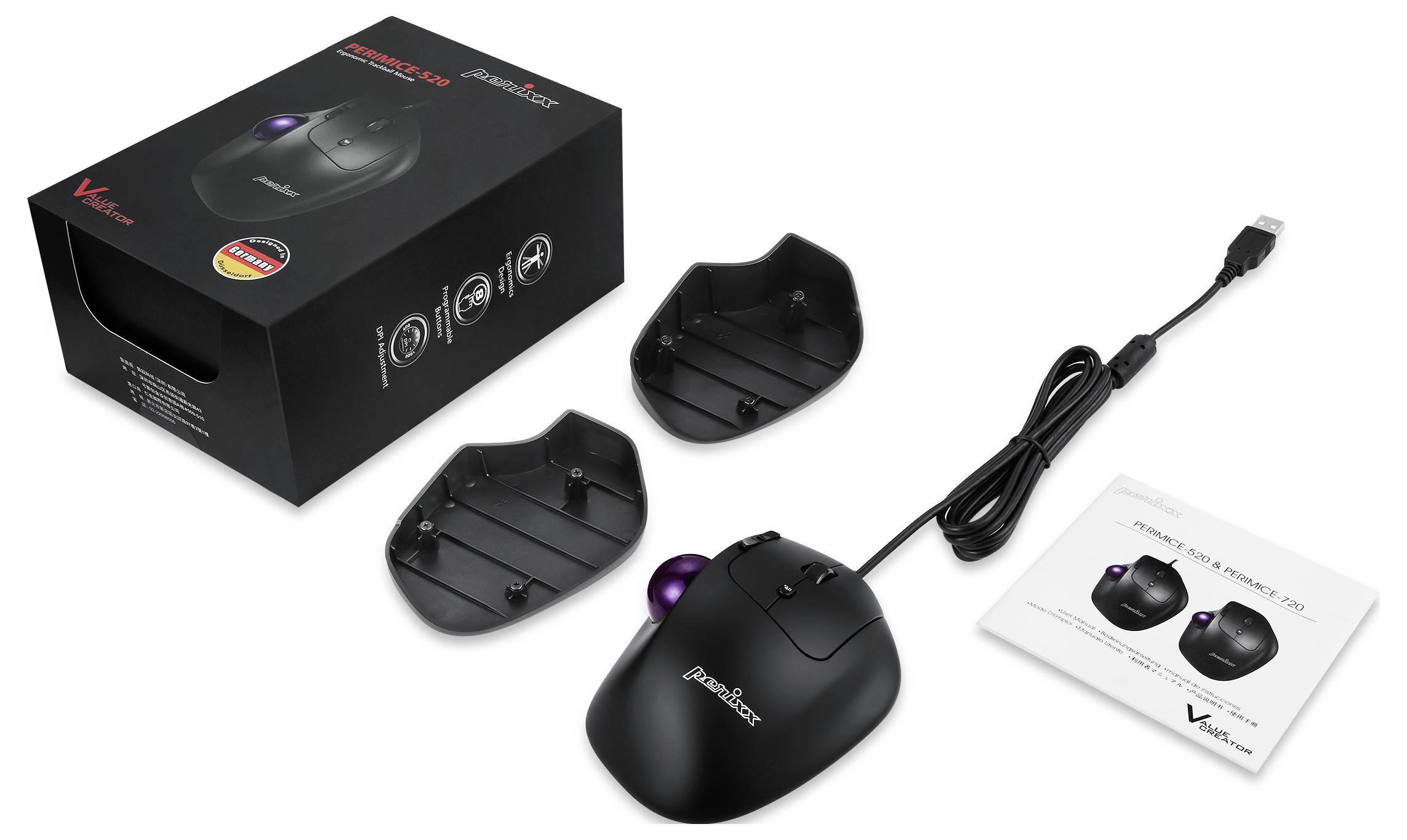 Perixx PERIMICE-520 Ergonomische Maus Kabelgebunden Schwarz 8 Tasten 2 dpi mit Trackball