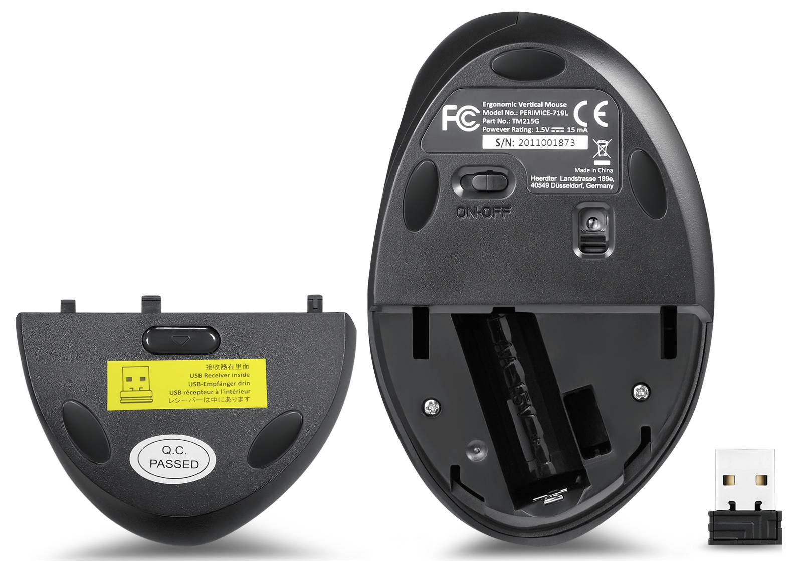 Wireless vertikale Mausunterseite mit geöffnetem Batteriefach und USB-Empfänger. Zeigt Batterieplatzierung und Schalterposition.
