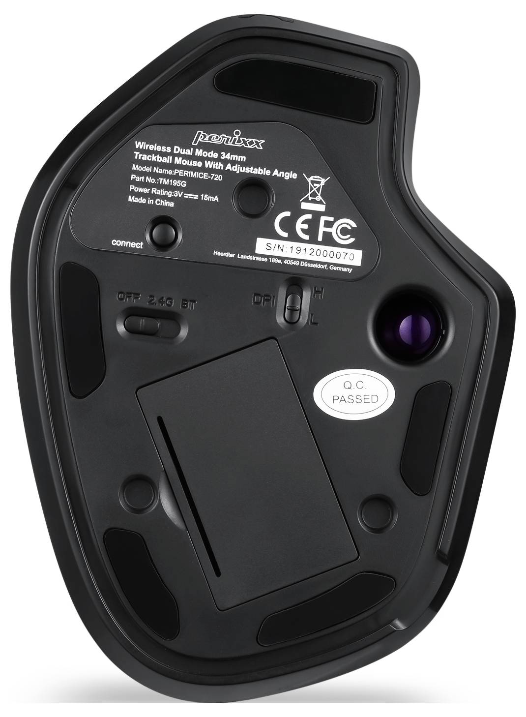 Perixx PERIMICE-720 Maus Funk, Bluetooth® Schwarz 600 dpi, 1600 dpi mit Trackball