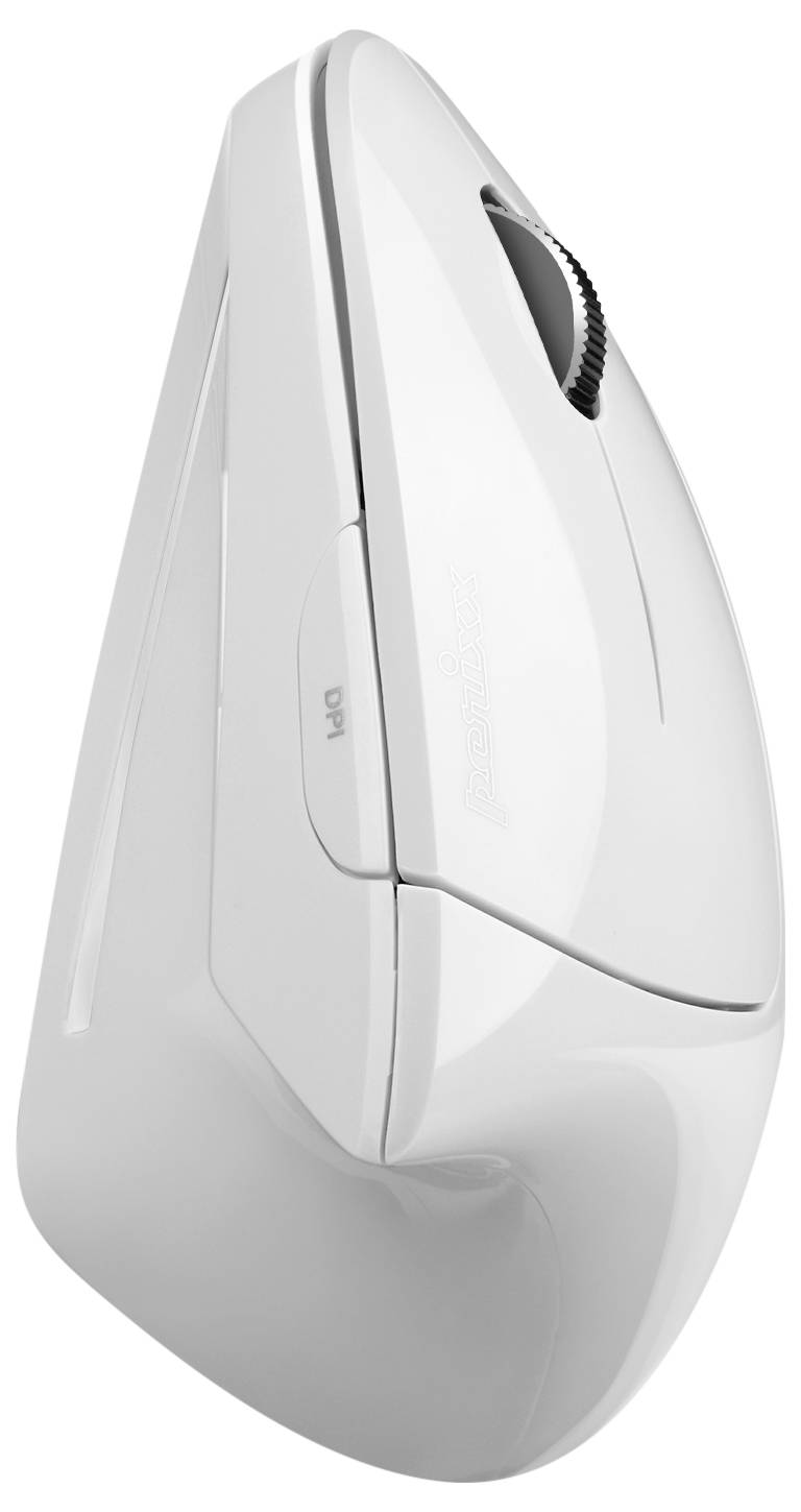 Vertikale ergonomische Computermaus in Weiß, mit einem Scrollrad und einem USB-Anschluss. Design für Handgelenkskomfort.