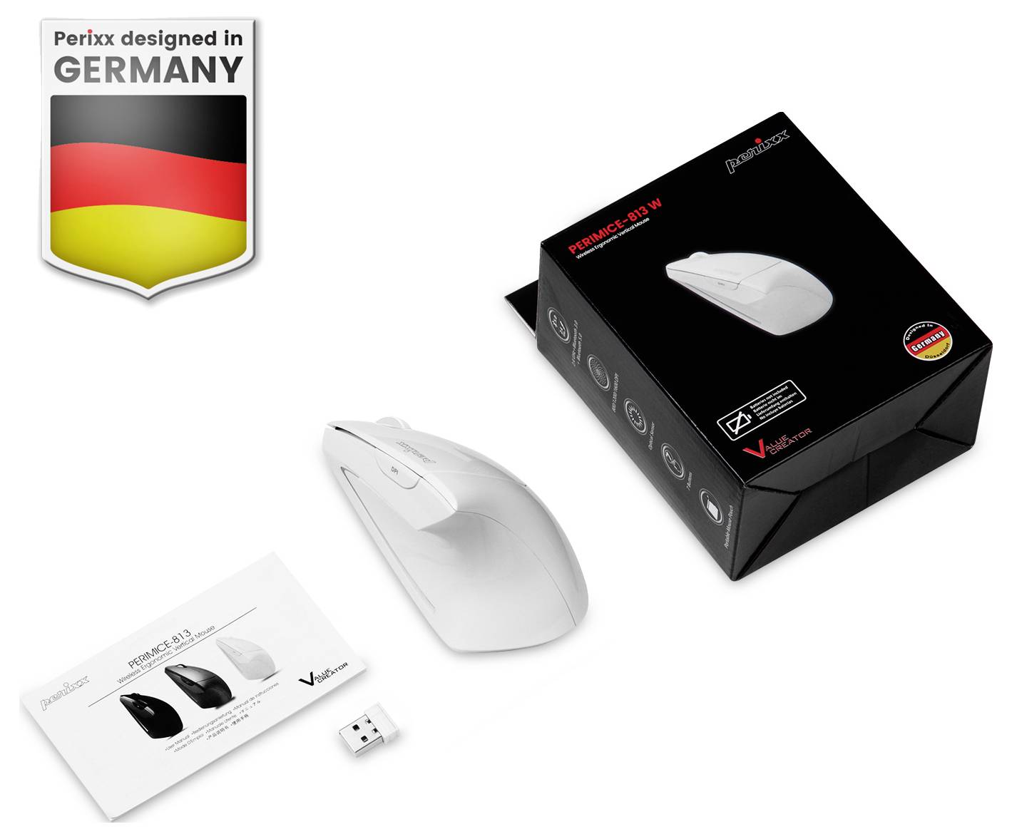 Produktfoto eines Perixx-Funkmaussets: weiße Maus, USB-Empfänger und Bedienungsanleitung neben schwarzer Einzelhandelsverpackung mit den Aufschriften 