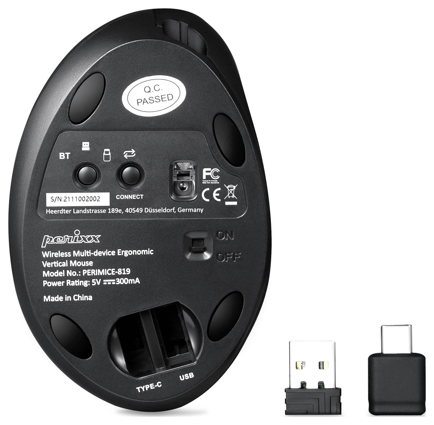 Perixx PERIMICE-819 Ergonomische Maus Bluetooth®, Funk Optisch Schwarz Wiederaufladbar