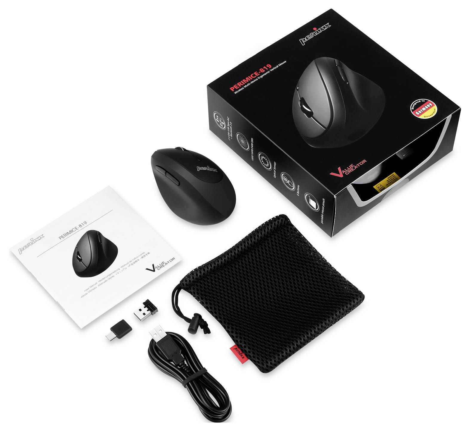 Perixx PERIMICE-819 Ergonomische Maus Bluetooth®, Funk Optisch Schwarz Wiederaufladbar