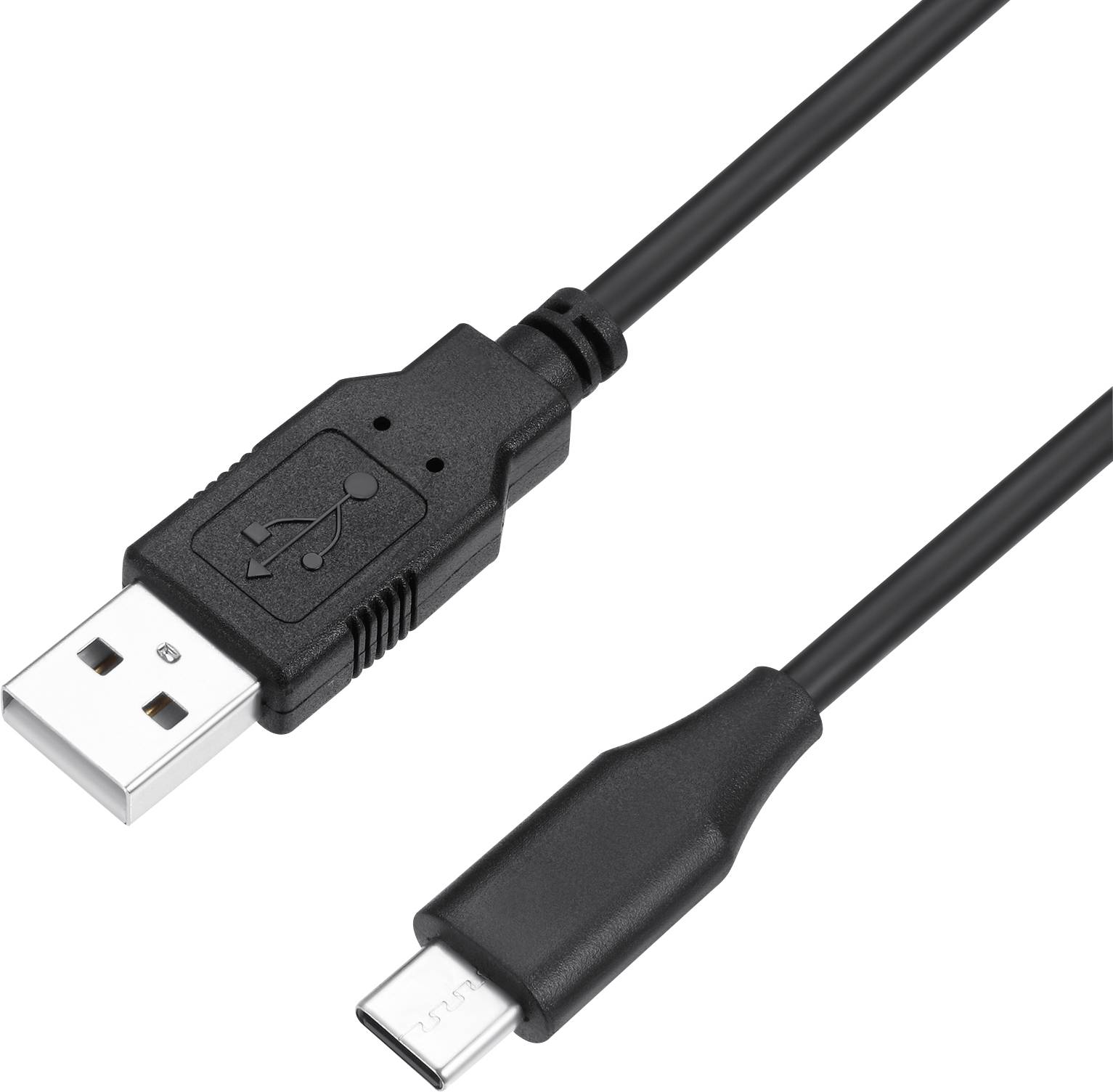 Ein schwarzes USB-Kabel mit einem USB-A-Stecker und einem USB-C-Stecker, geeignet zum Verbinden und Laden von elektronischen Geräten.