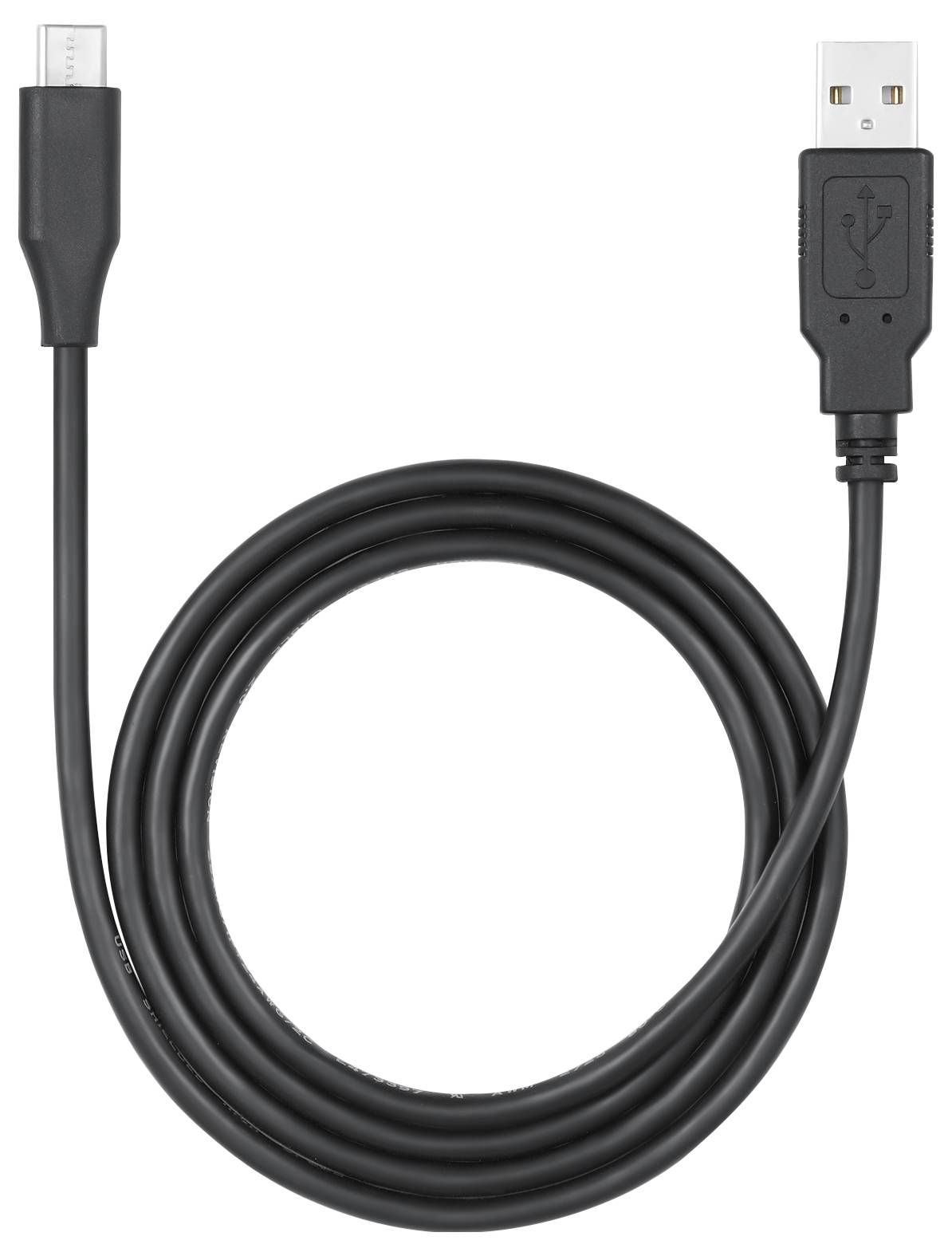 Ein schwarzes USB-Kabel mit einem USB-A-Stecker auf der einen Seite und einem Micro-USB-Stecker auf der anderen Seite, aufgerollt.