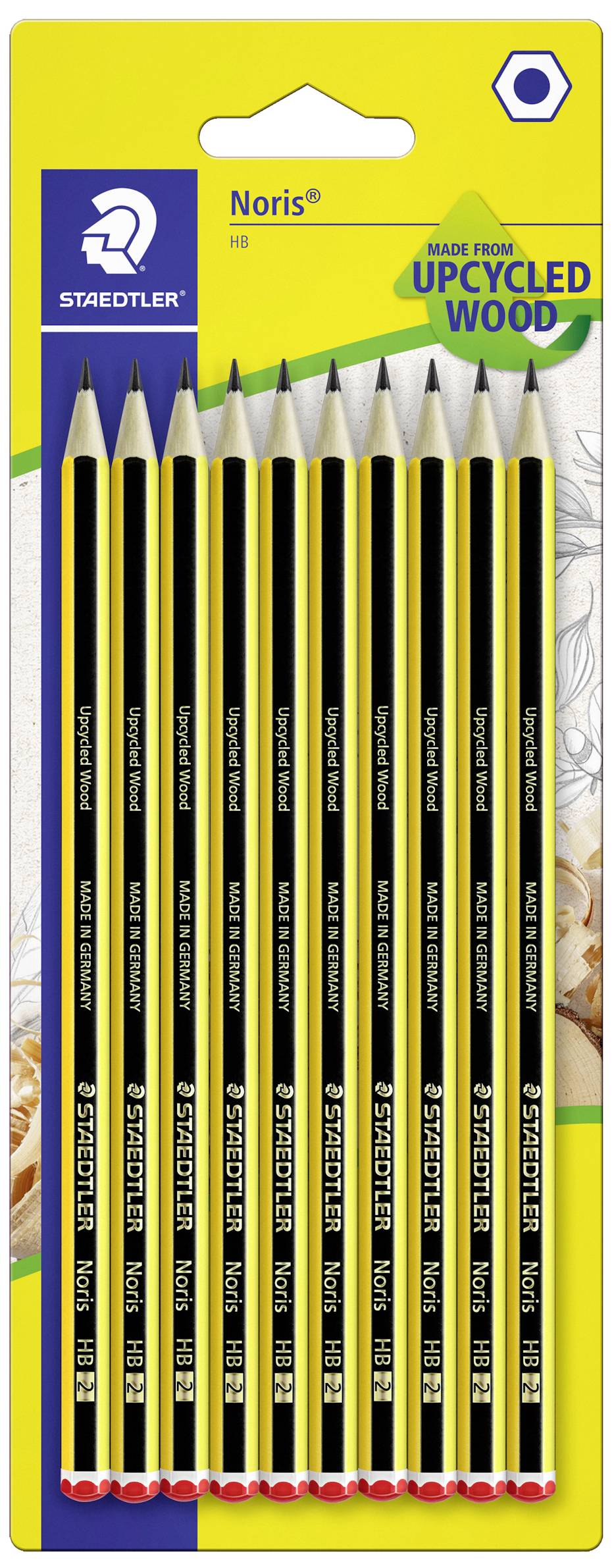 'Staedtler Noris HB Bleistifte', 10 Stück, schwarz-gelber Streifen, Verpackung mit Hinweis 'aus recyceltem Holz hergestellt'.