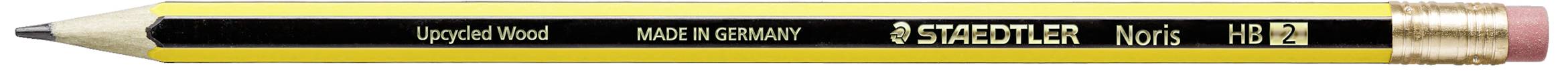 Gelb-schwarzer Bleistift von Staedtler, Modell Noris HB 2, mit Radiergummi am Ende.