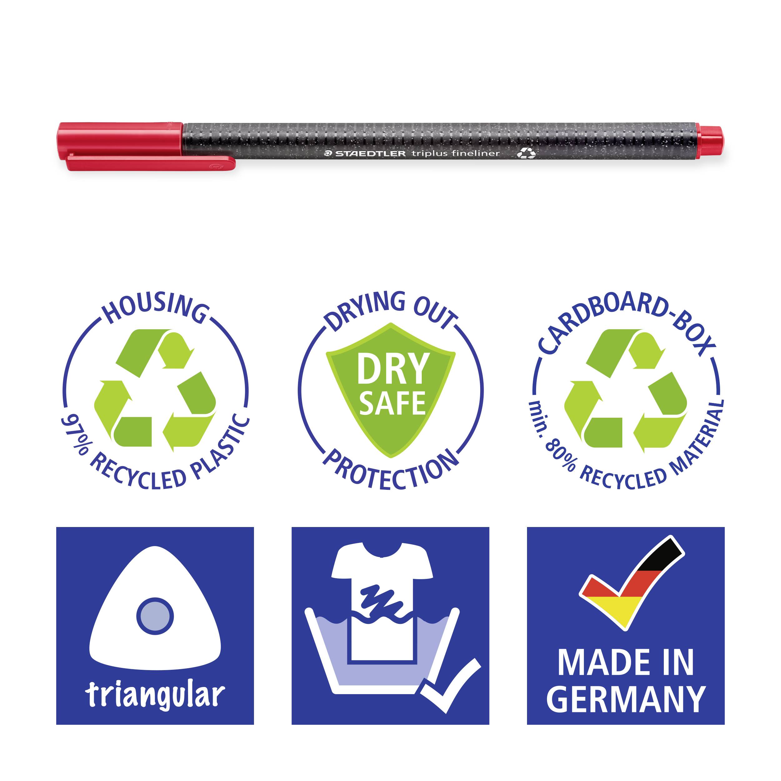 'Staedtler triplus fineliner': Schwarzer Fineliner mit roter Spitze, hergestellt aus recyceltem Plastik, wassergeschützt, Made in Germany. Symbole für Recyclingquoten und Schutzarten.