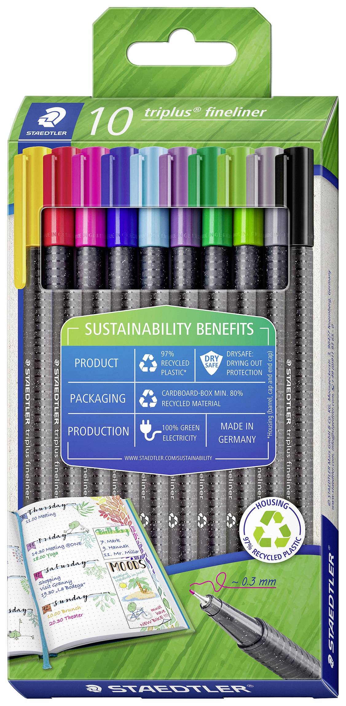 Verpackung mit 10 farbigen Finelinern von STAEDTLER. Nachhaltigkeitsvorteile: recyceltes Plastik, umweltfreundliche Produktion.