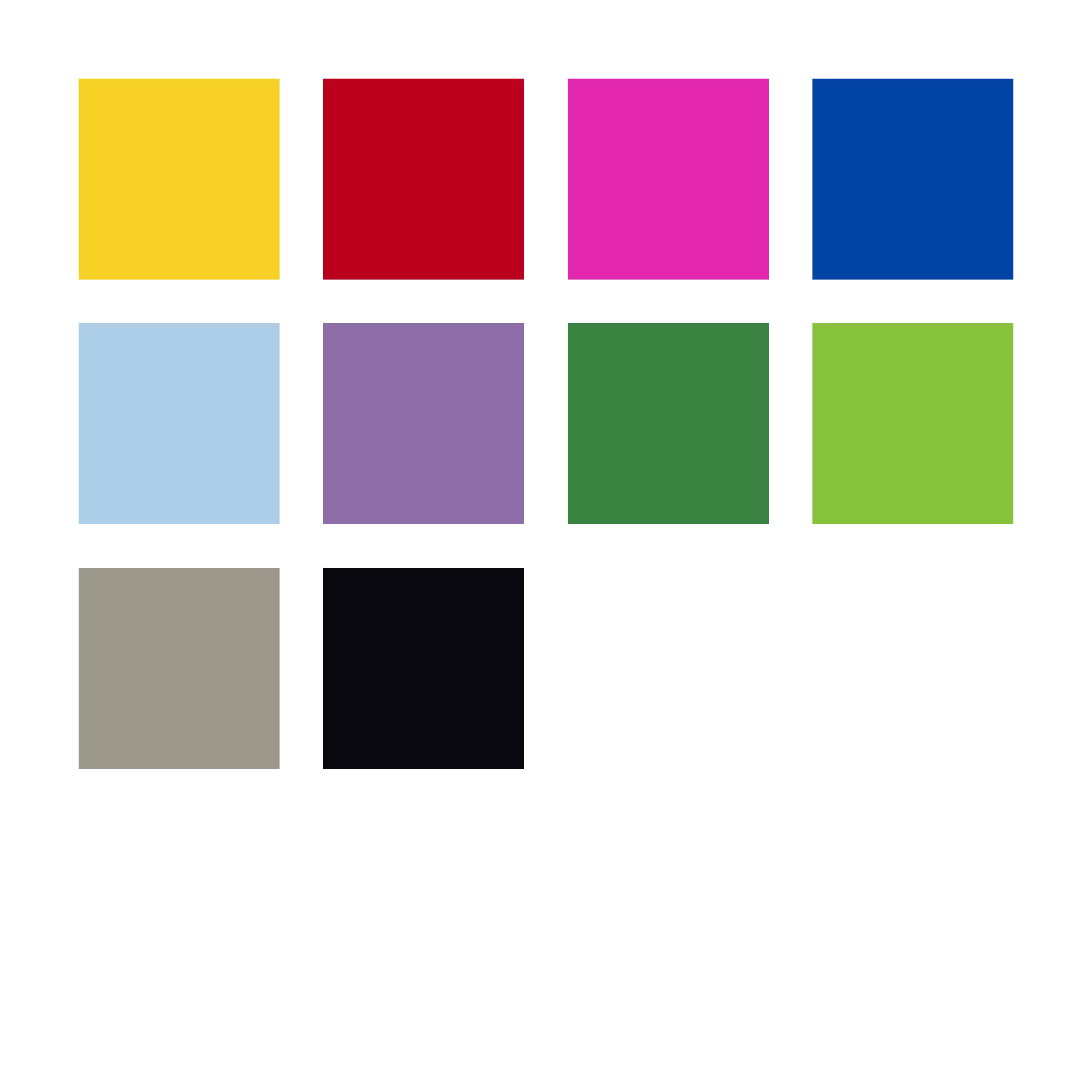 Zehn bunte Quadrate in zwei Reihen, mit verschiedenen Farben wie Gelb, Rot, Pink, Blau, und Grün auf weißem Hintergrund.