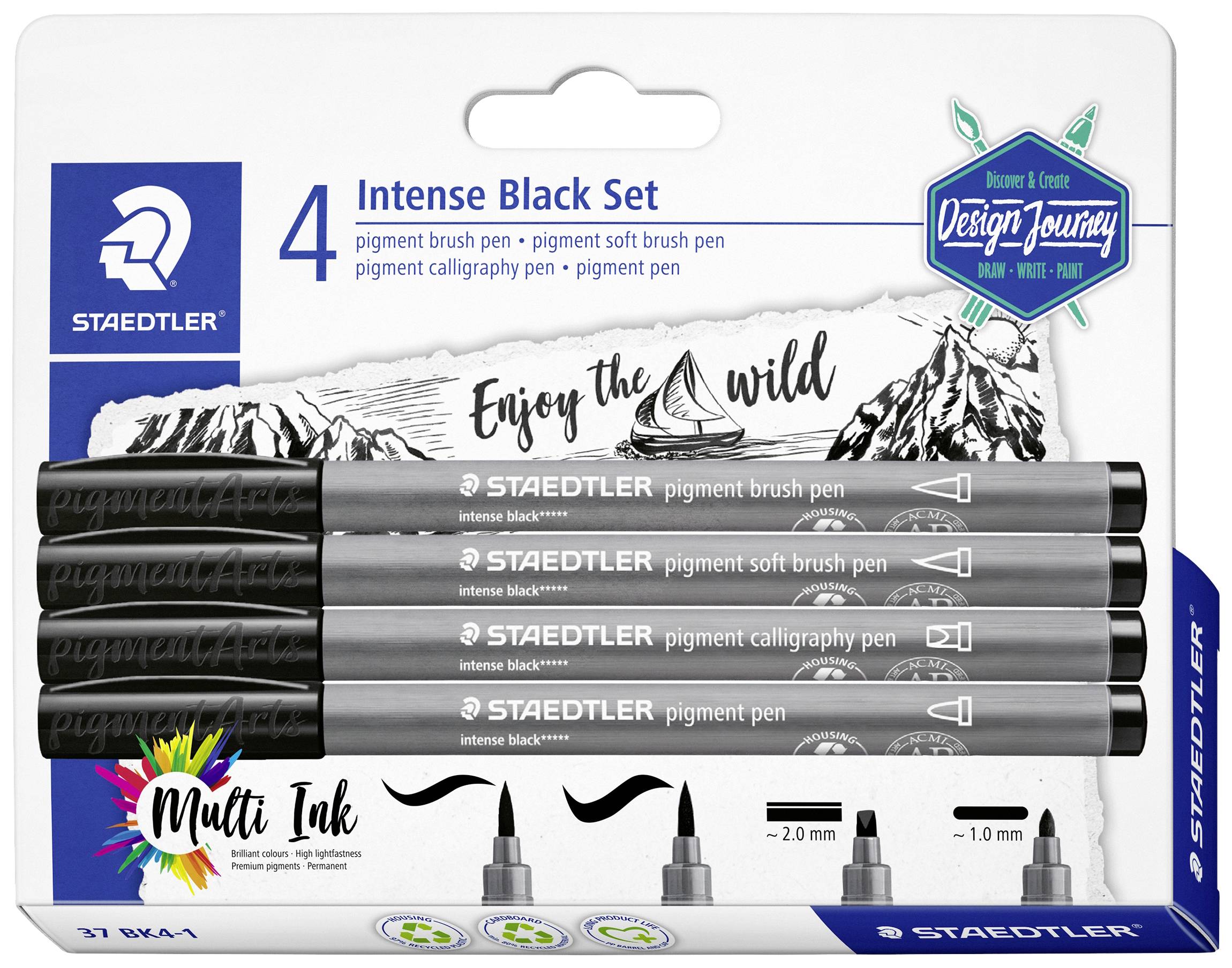 Staedtler Design Journey 4er-Set: Intense Black, Pigment-Stifte mit verschiedenen Spitzen für künstlerische Projekte.