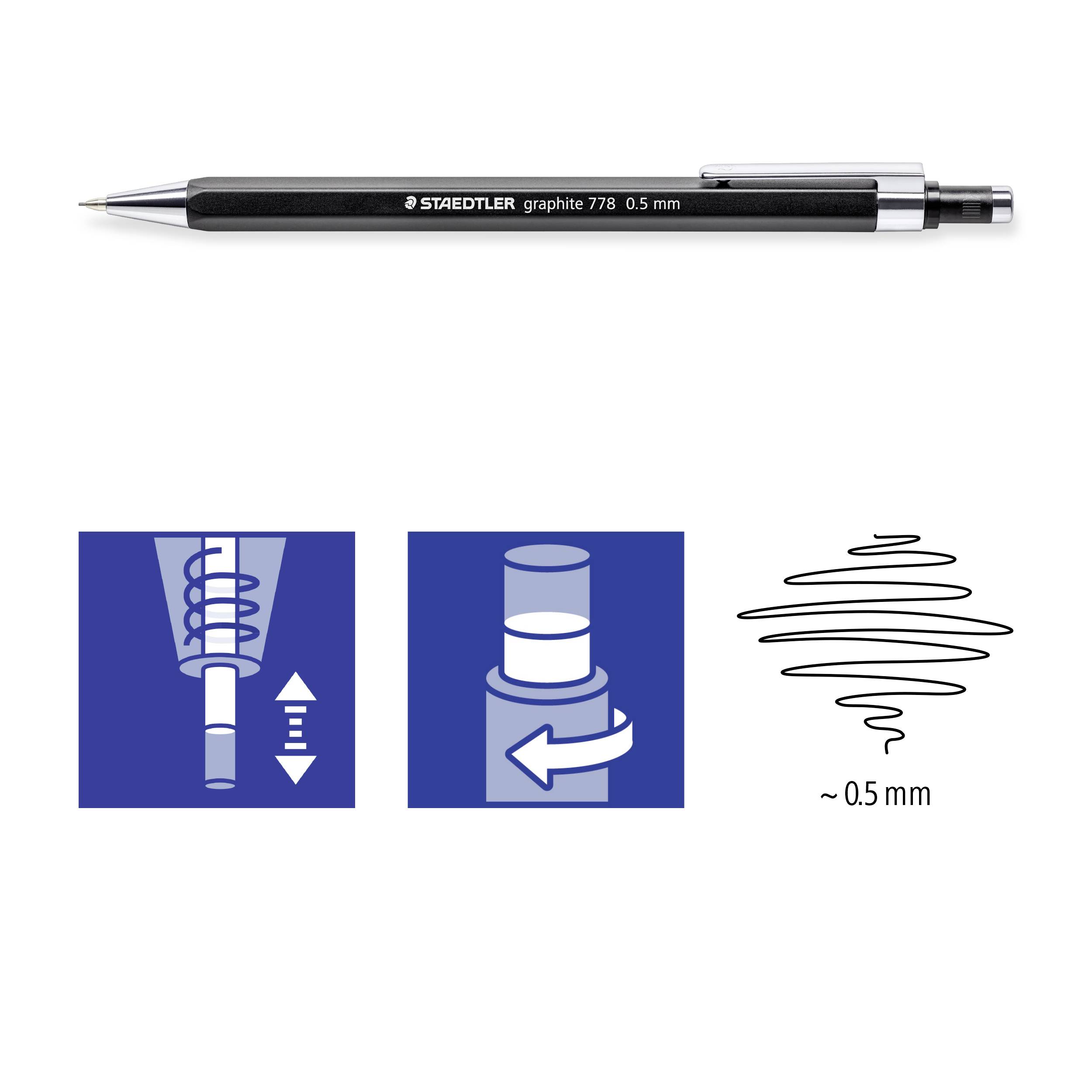 Ein mechanischer Bleistift 0,5 mm von STAEDTLER. Diagramme zeigen, wie die Mine durch Drücken und Drehen verstellt wird.