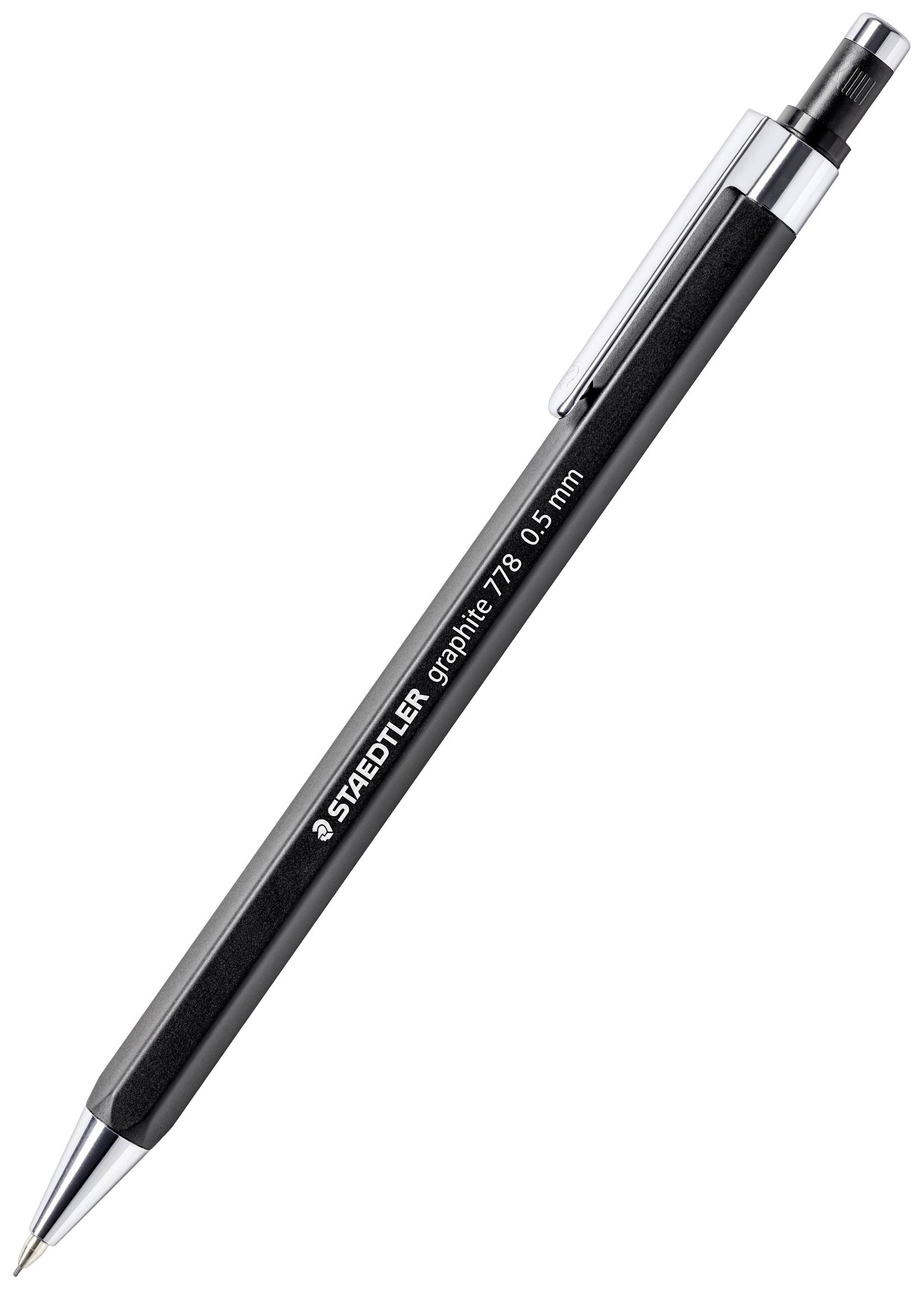 Schwarzer Druckbleistift mit silberner Spitze und Clip. Aufschrift zeigt Marke 'Staedtler graphic 777 0,5 mm'.