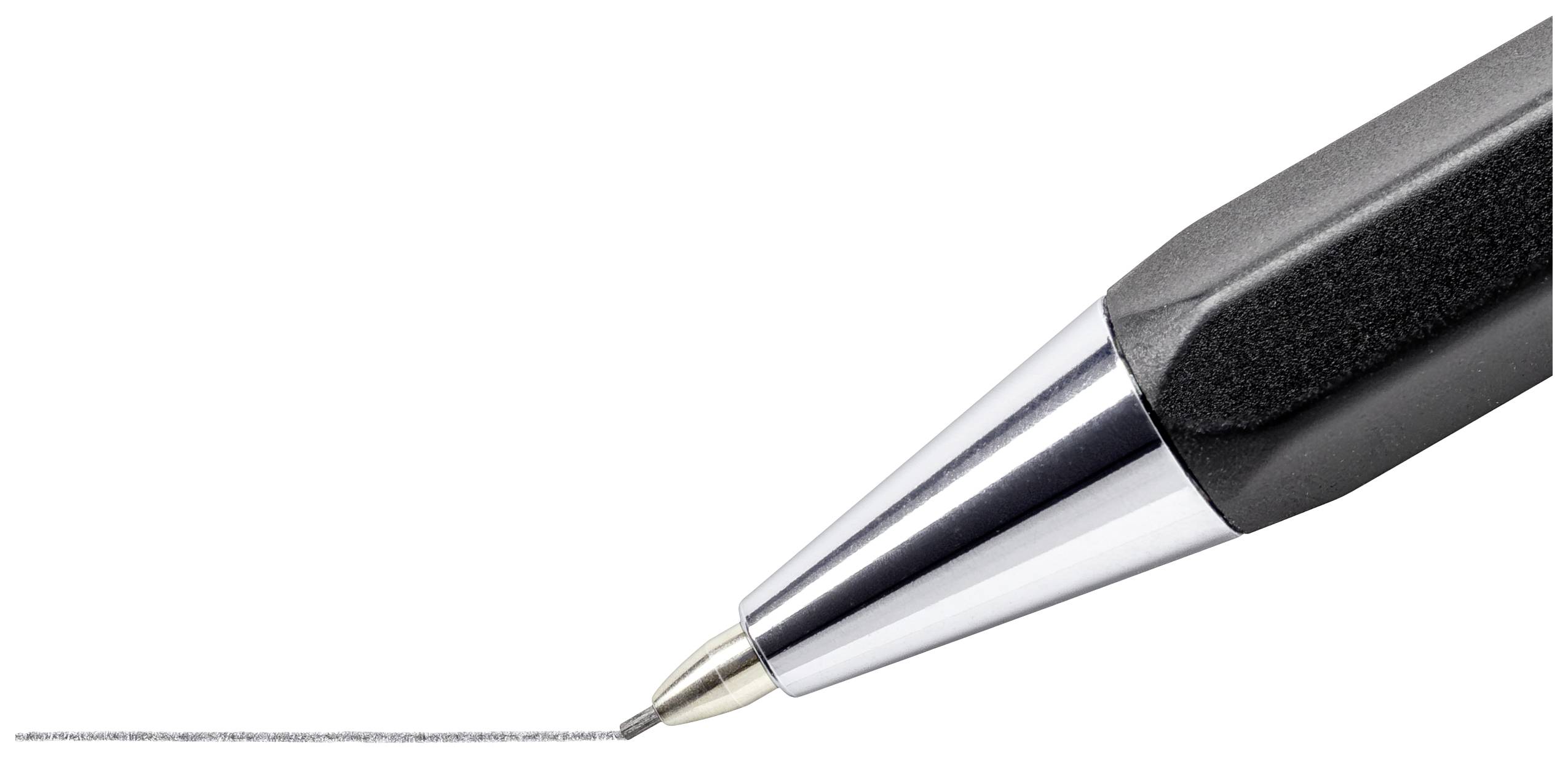 Ein Kugelschreiber mit einem schwarzen Griff zeichnet eine feine Linie auf weißem Hintergrund.