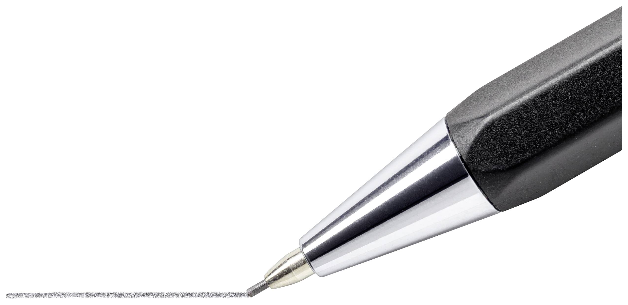 Nahaufnahme einer Kugelschreiberspitze, die auf einem weißen Hintergrund eine dünne, schwarze Linie zieht.