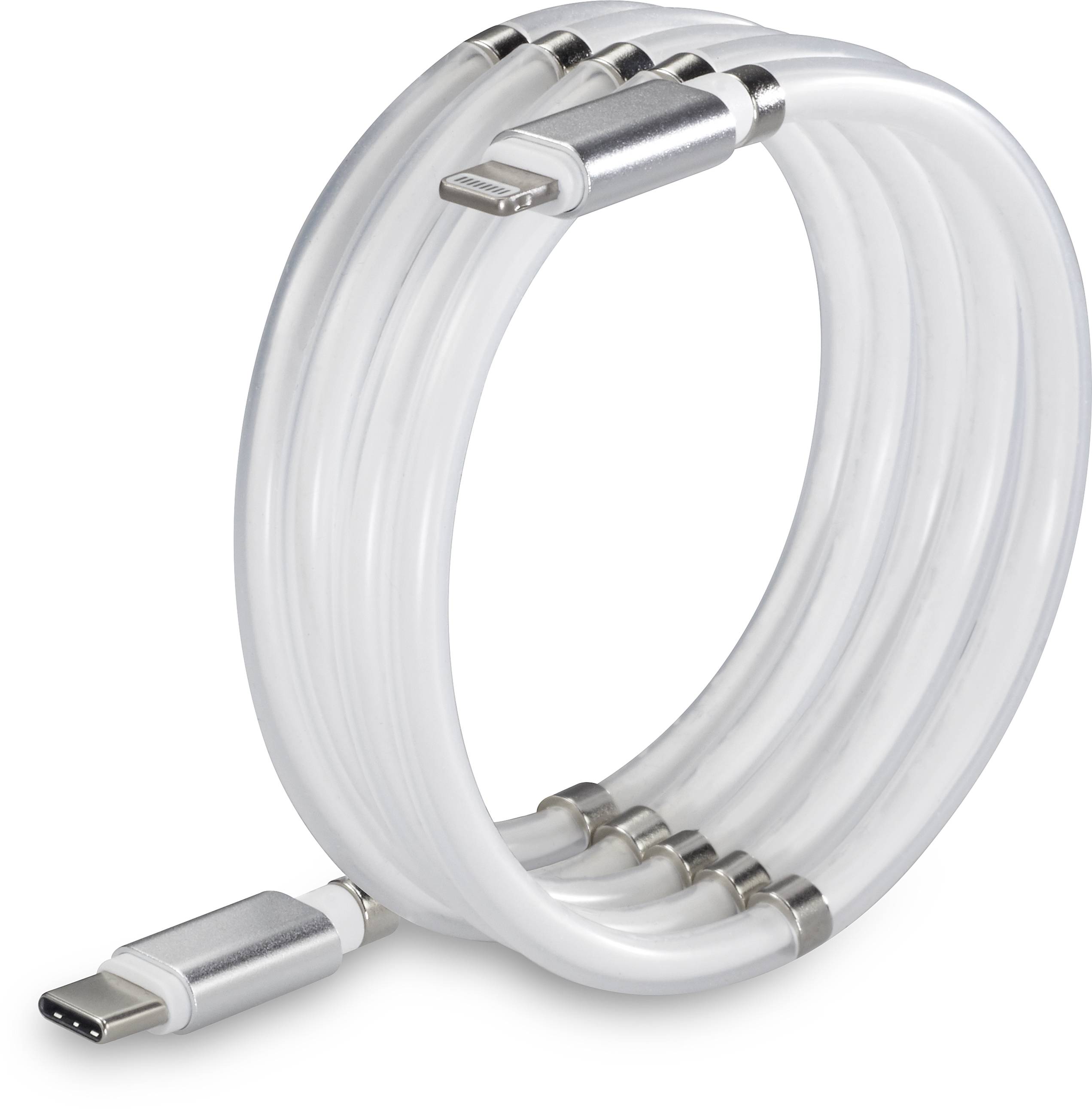 Ein weißes, spiralförmig aufgerolltes USB-C-auf-Lightning-Kabel, geeignet für Apple-Geräte.