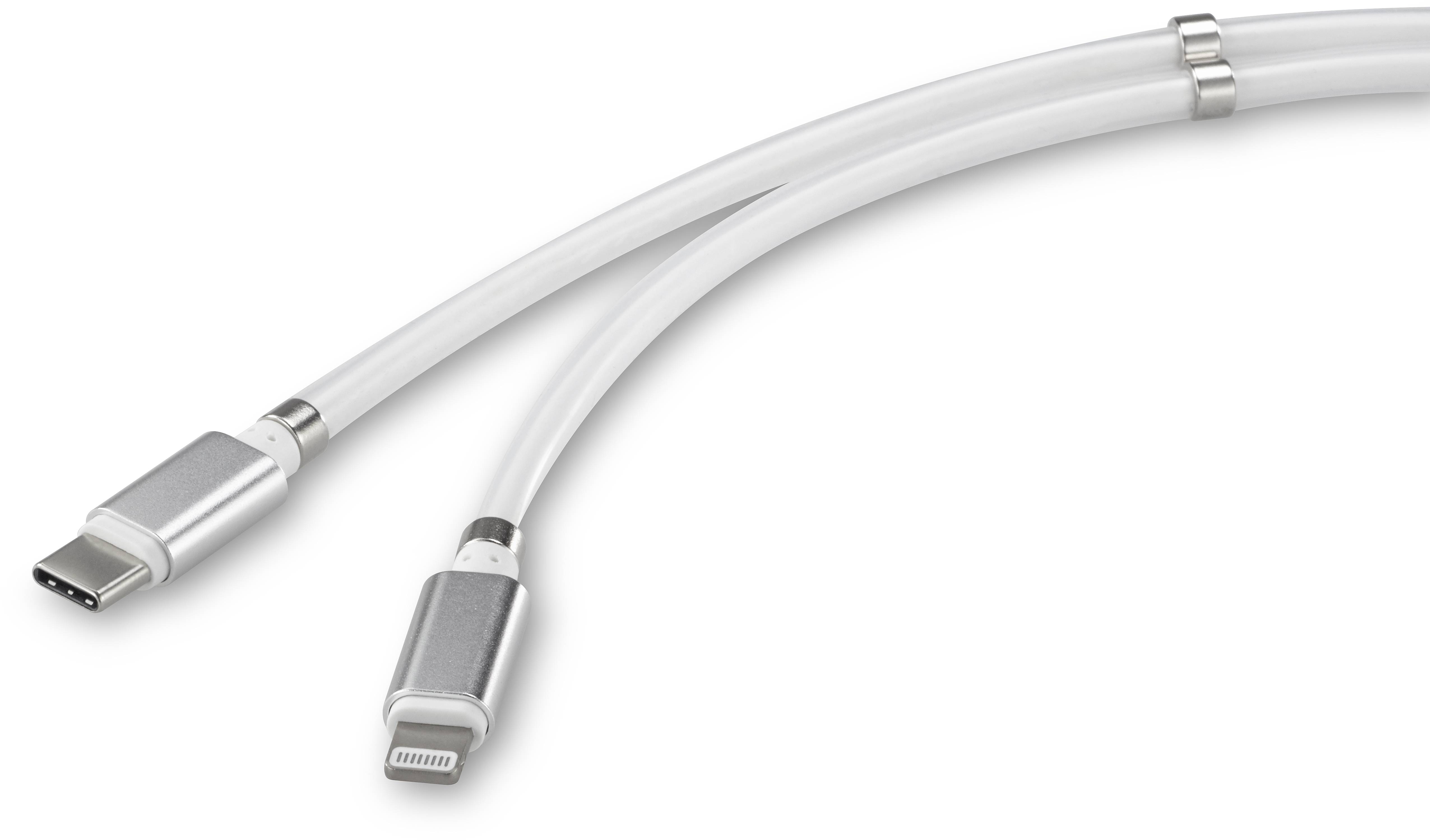 Weißes Kabel mit einem USB-C- und einem Lightning-Anschluss.