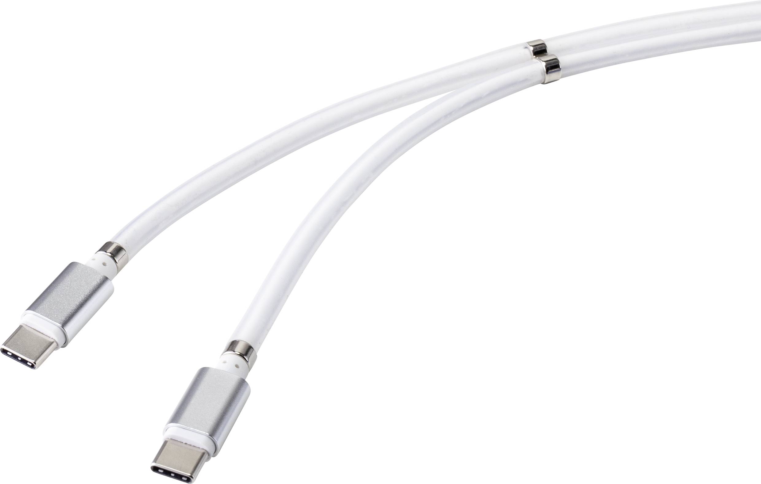 Zwei weiße USB-C-Kabel mit silbernen Steckern auf weißem Hintergrund. Sie sind gebogen und zeigen die Anschlüsse.