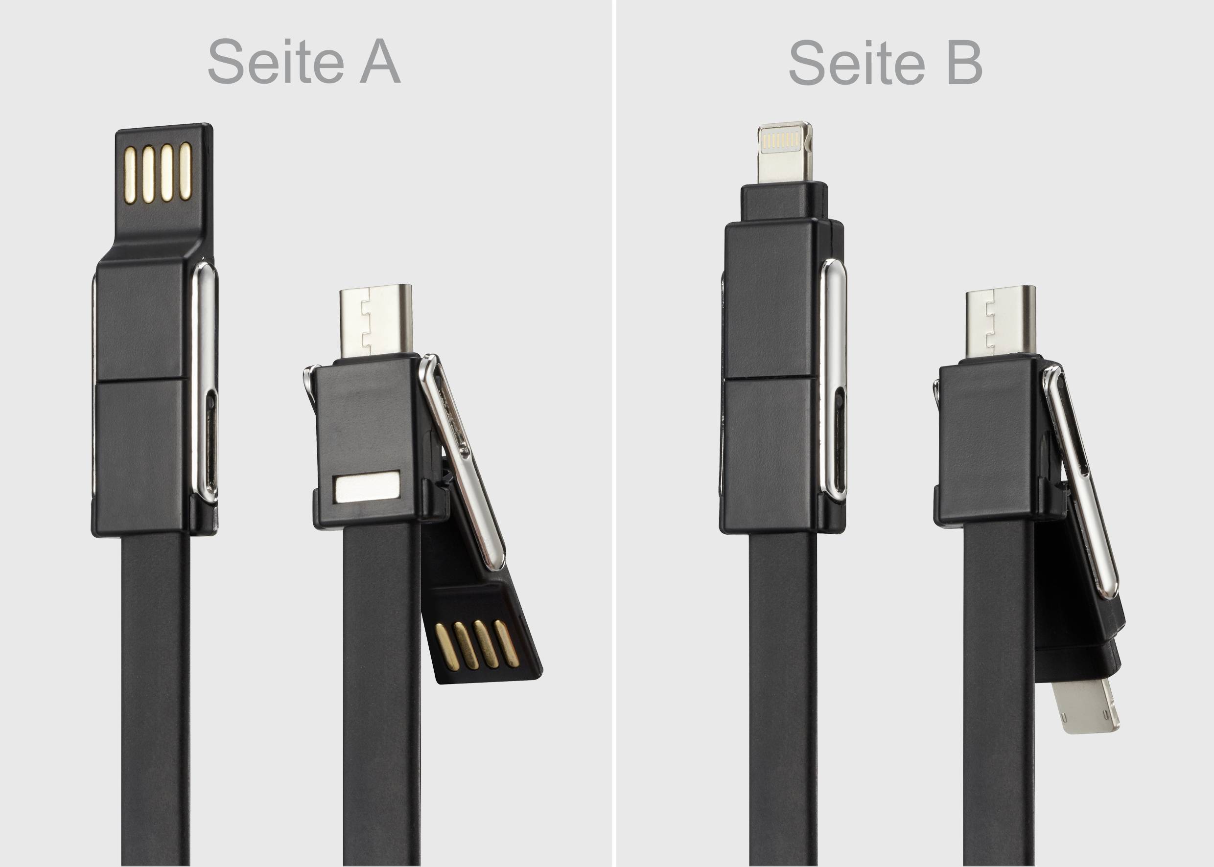 Kabel mit austauschbaren Anschlüssen: Seite A zeigt USB und Micro-USB, Seite B zeigt Lightning und USB-C.