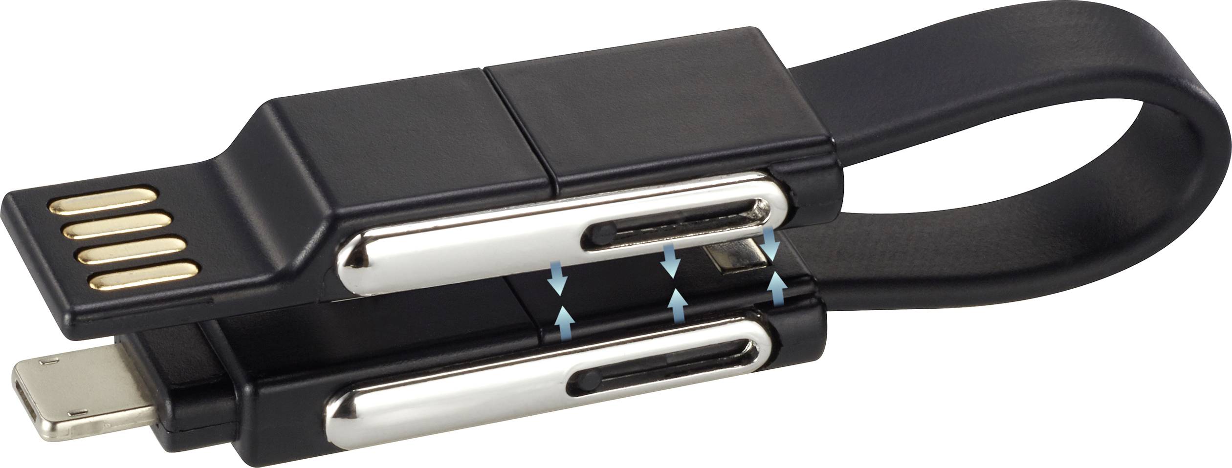 Ein kompaktes, schwarzes USB-Kabel mit doppelter Steckerausführung, darunter USB-A und Micro-USB. Flexibel und tragbar.