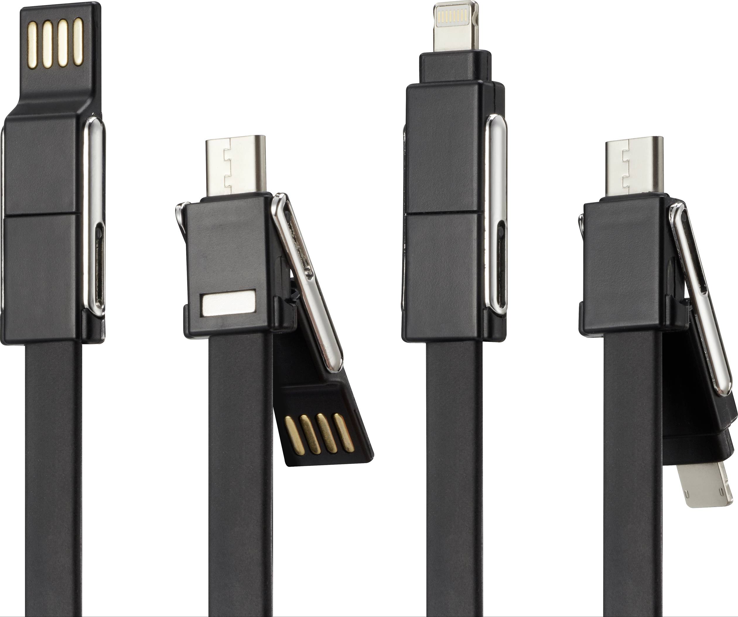 'Multifunktionskabel' mit verschiedenen Steckverbindungen: USB-C, Lightning und Micro-USB auf einem flachen, schwarzen Kabel.