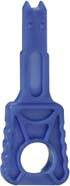 Ein blauer Kunststoffgriff mit Griffstruktur und einer runden Öffnung unten. Oberer Teil ist flach und schmal.