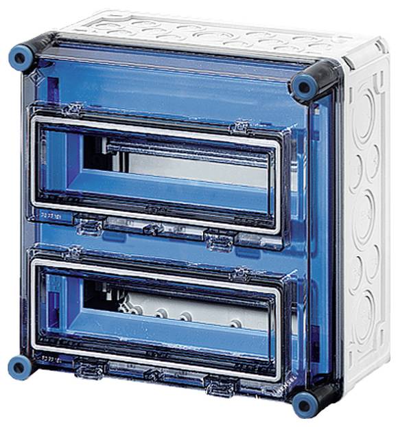 Ein transparent blauer Kasten mit zwei rechteckigen Öffnungen, umgeben von vier schwarzen Ecken. Das Innere ist leer und zeigt keine Daten.
