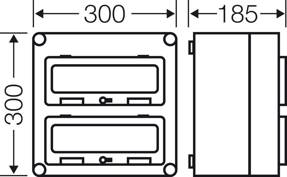 Technische Zeichnung eines rechteckigen Kastens mit Maßen: 300 mm x 300 mm x 185 mm, zeigt Front- und Seitenansicht.