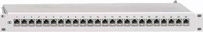 Ein Patchpanel mit 24 nummerierten Ethernet-Ports in zwei Reihen. Es dient zur Verwaltung und Organisation von Netzwerkverbindungen.