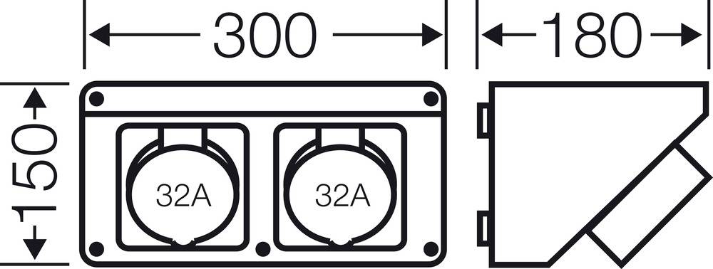 Technische Zeichnung einer doppelten 32A-Steckdose. Maße: Breite 300 mm, Höhe 150 mm, Tiefe 180 mm. Seiten- und Frontansicht.