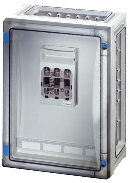 Grauer, rechteckiger elektrischer Gehäusekasten mit transparenter Frontabdeckung und einem installierten Schaltschrankkomponent innerhalb.