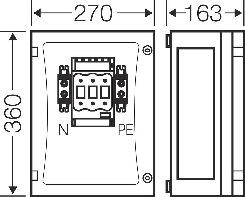 Technische Zeichnung eines elektrischen Schaltkastens mit Maßen: 360 mm hoch, 270 mm breit, 163 mm tief, Anschlüsse für N und PE.