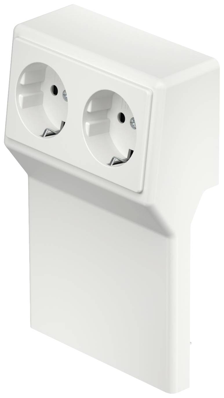 Weiße, zweifache Wandsteckdose mit Abdeckung für den Einbau in Küchenanwendungen, zeigt zwei Steckplätze nebeneinander.